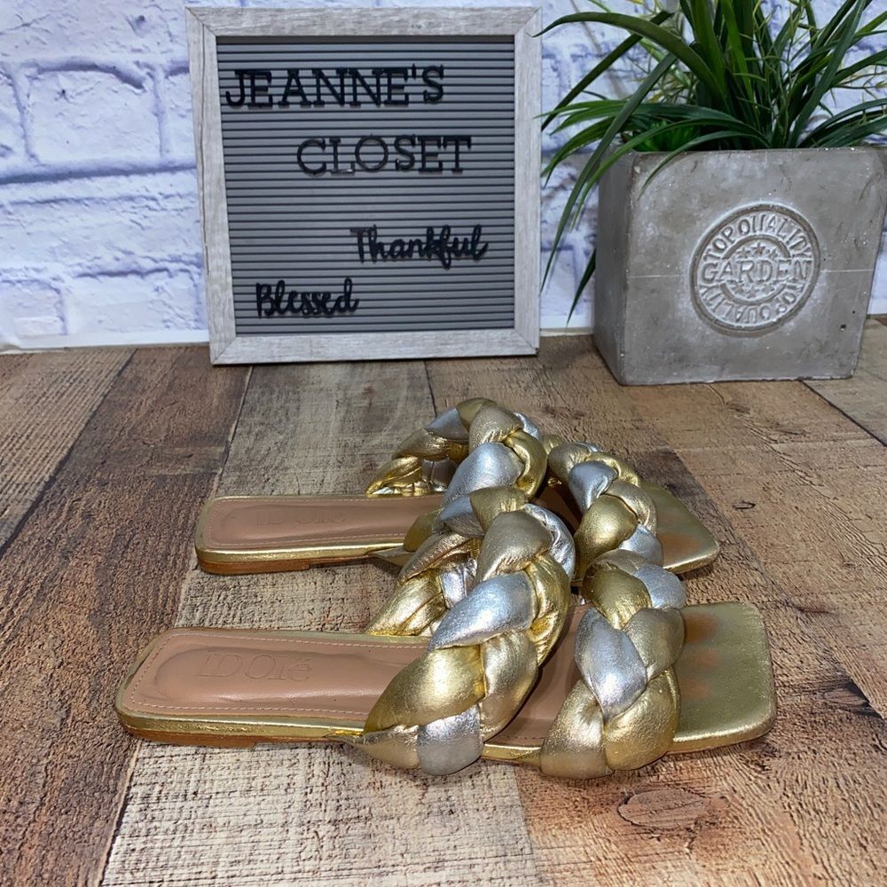 iDoré gold/silver braided flat sandals slides